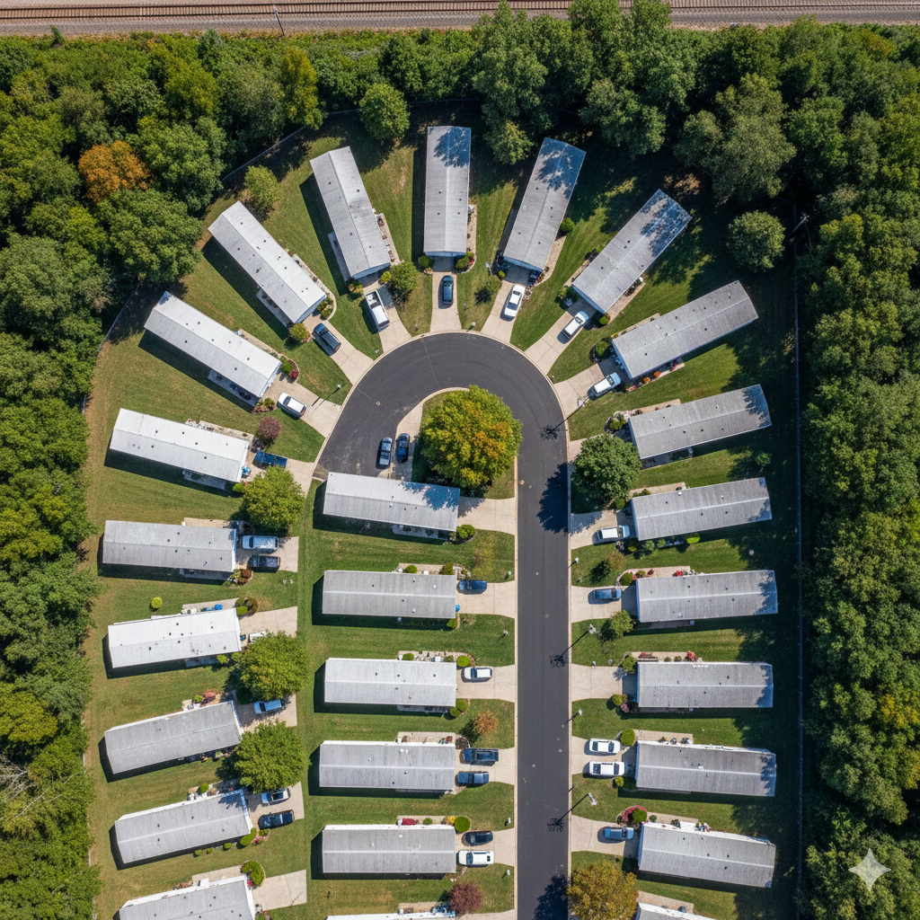 Aerial view of a horseshoe-shaped residential area with small houses and a central road surrounded by trees and a railroad track.