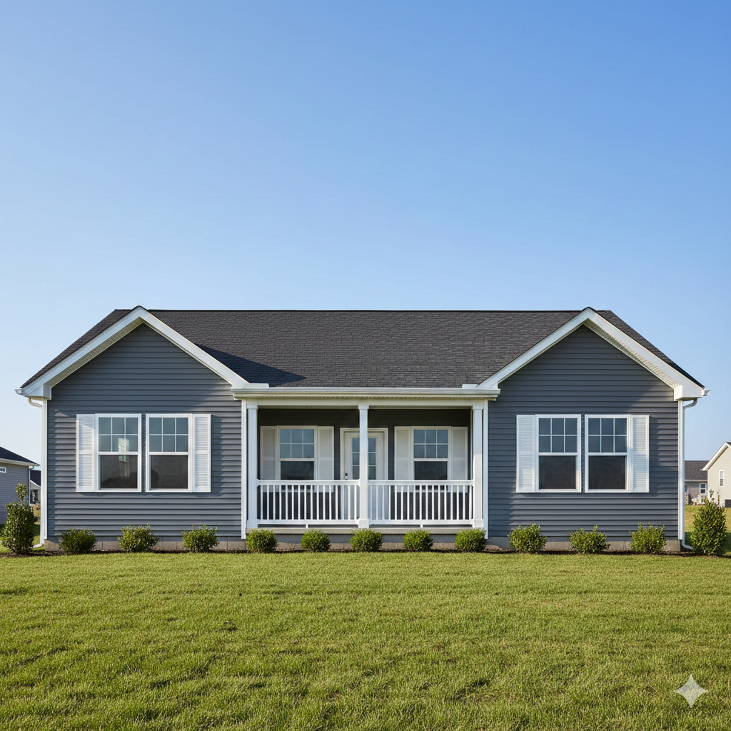 Gray house with white trim, porch, and shutters, on a lawn with blue sky.