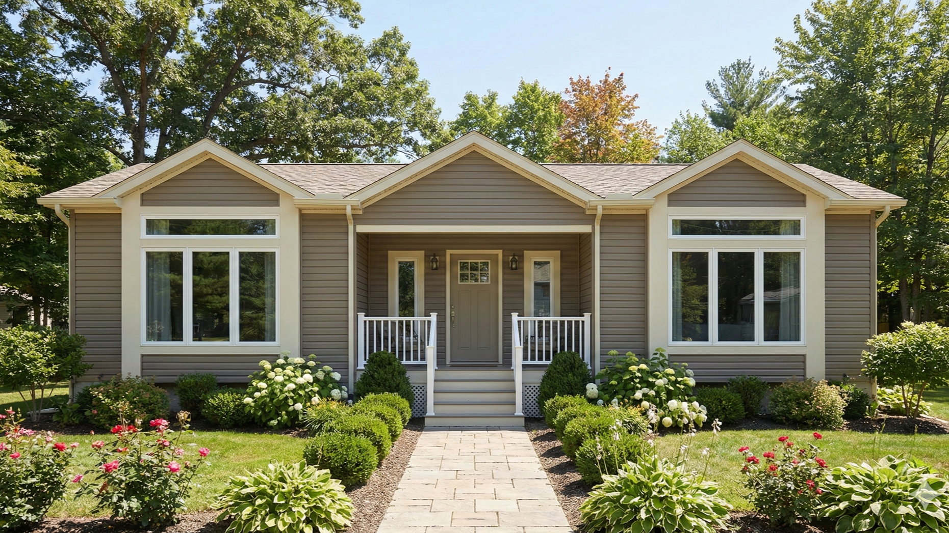 Tan ranch home with white trim, porch, and symmetrical windows, stone path.