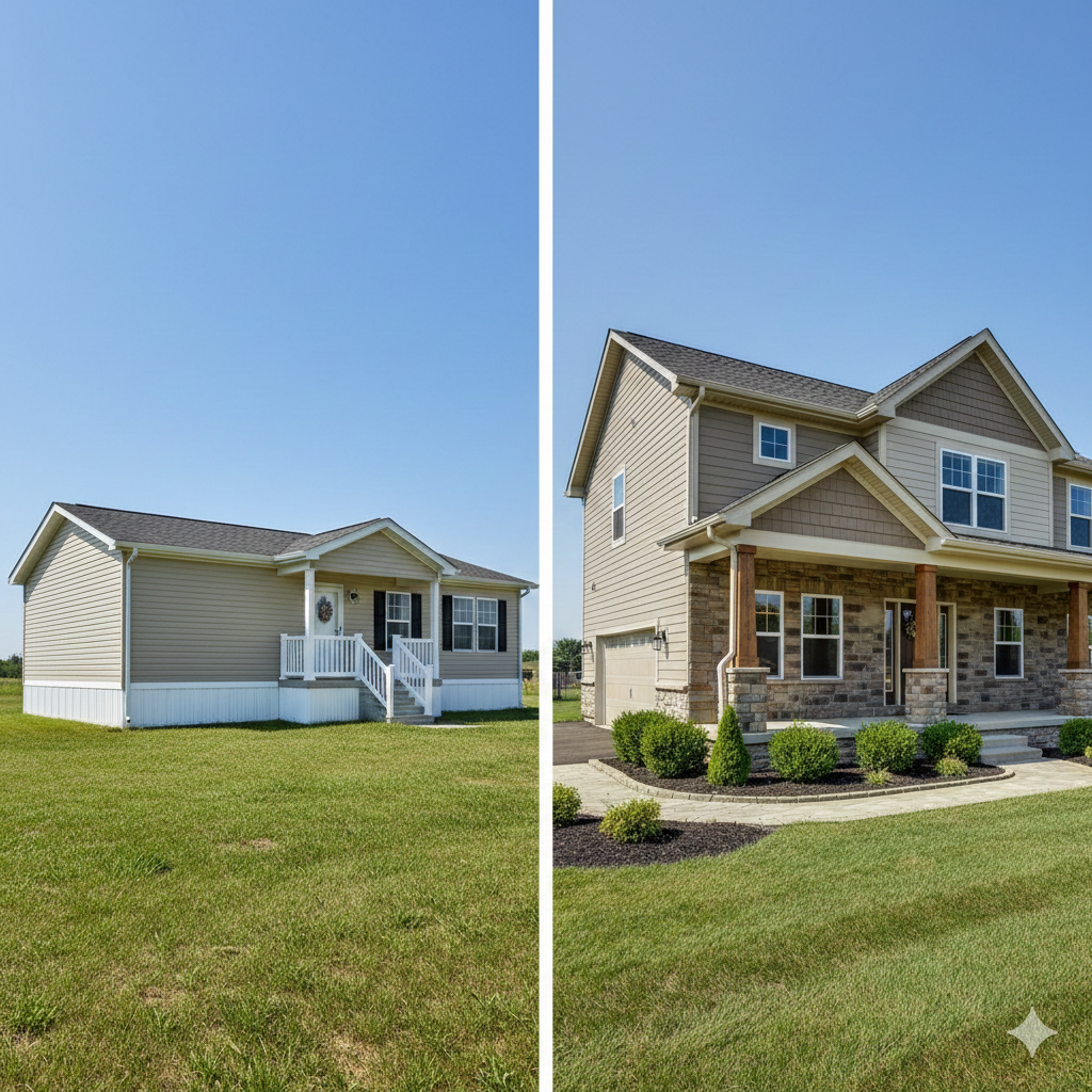 Comparison of a small ranch-style house and a larger two-story house, both on grassy lawns under a blue sky.