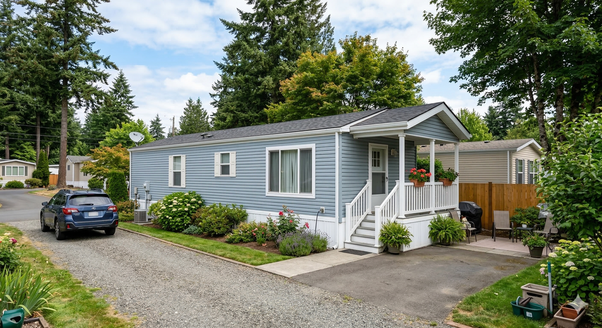 A light blue manufactured home with white trim, a front porch, and a gravel driveway on a sunny day with green trees.