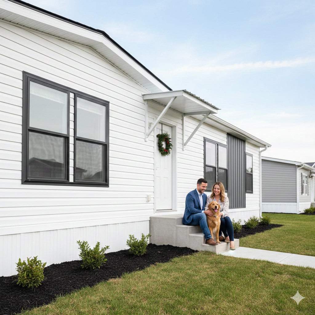 Couple sits on steps of a white house with a dog. Black window frames, grass, and a blue sky.