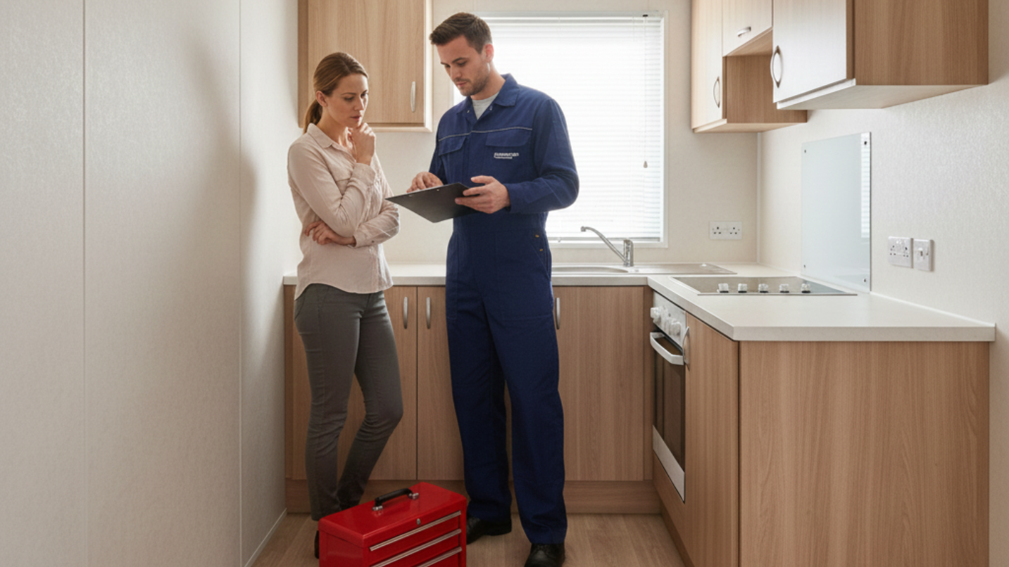 A person in overalls and a woman in a kitchen; discussing paperwork. Red toolbox on floor.