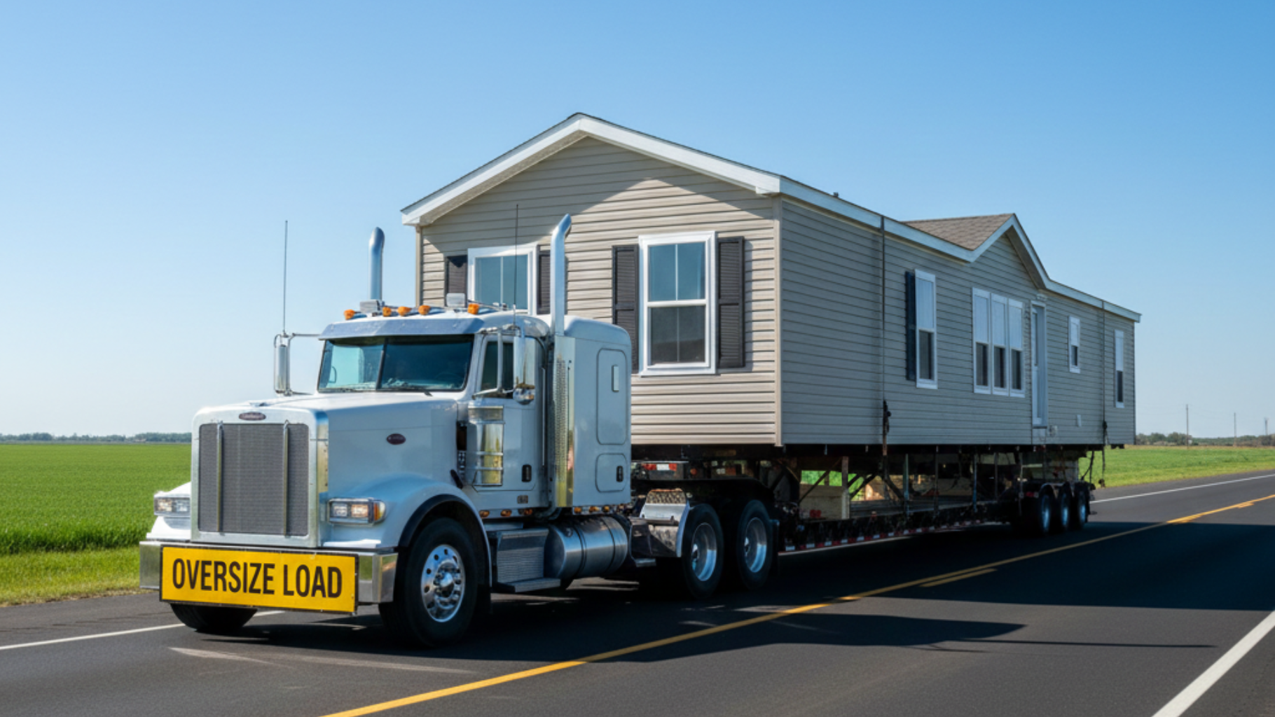 Large manufactured home on a trailer hauled by a white semi-truck with an Oversize Load sign, driving on a rural highway