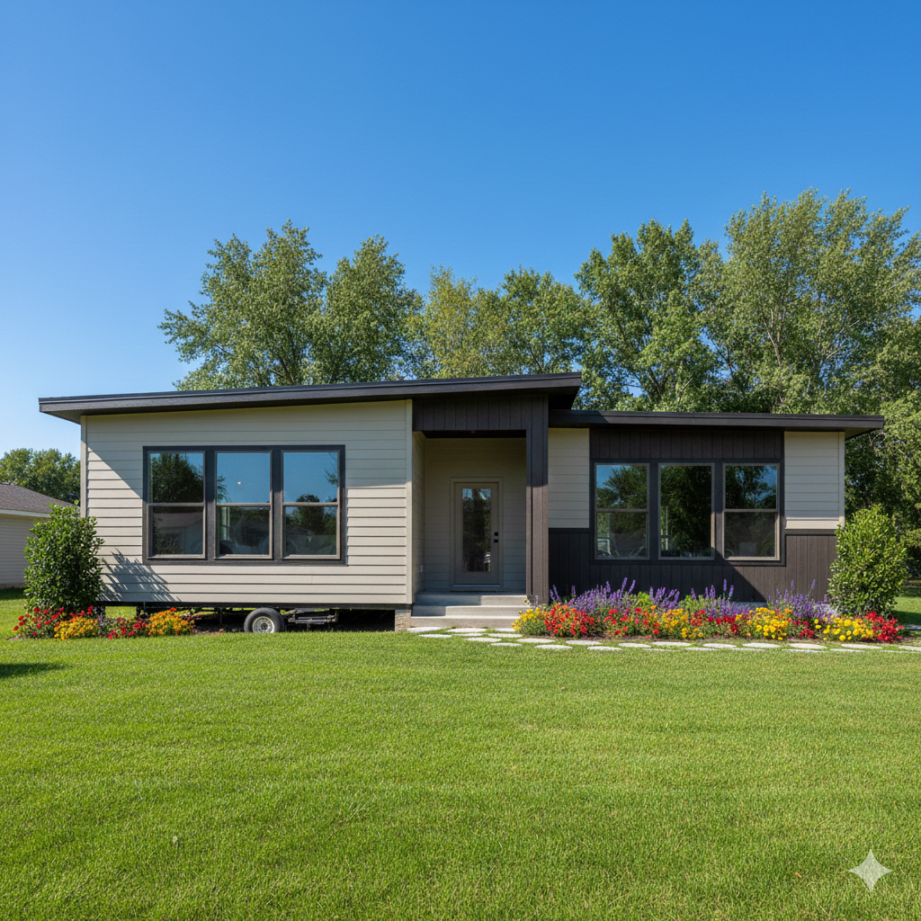 Modern beige and black home with large windows, flowers, and a green lawn under a blue sky.