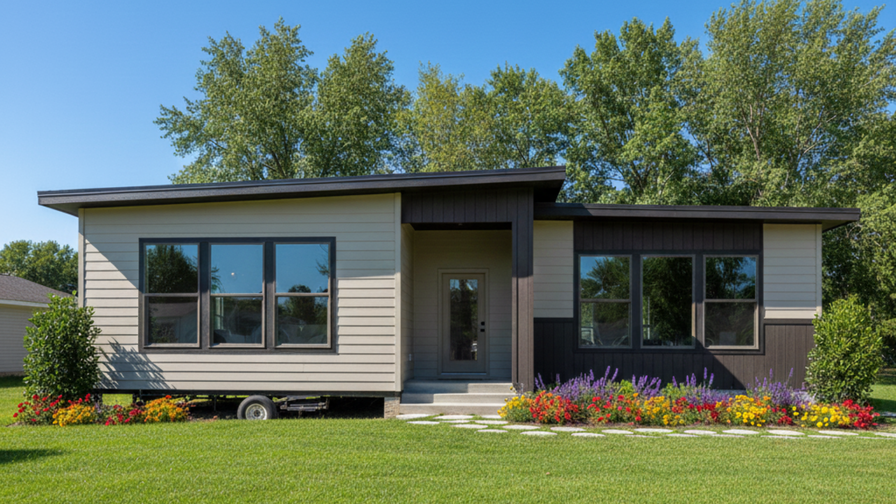 Modern tiny home with tan and dark brown siding, large windows, and colorful flowerbed.
