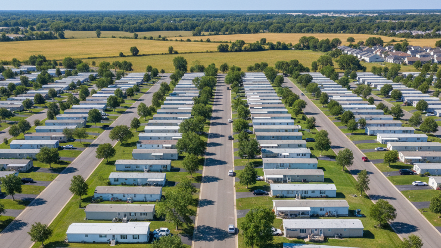 Aerial view of a mobile home park with rows of single-story houses and trees along a paved road under a blue sky.