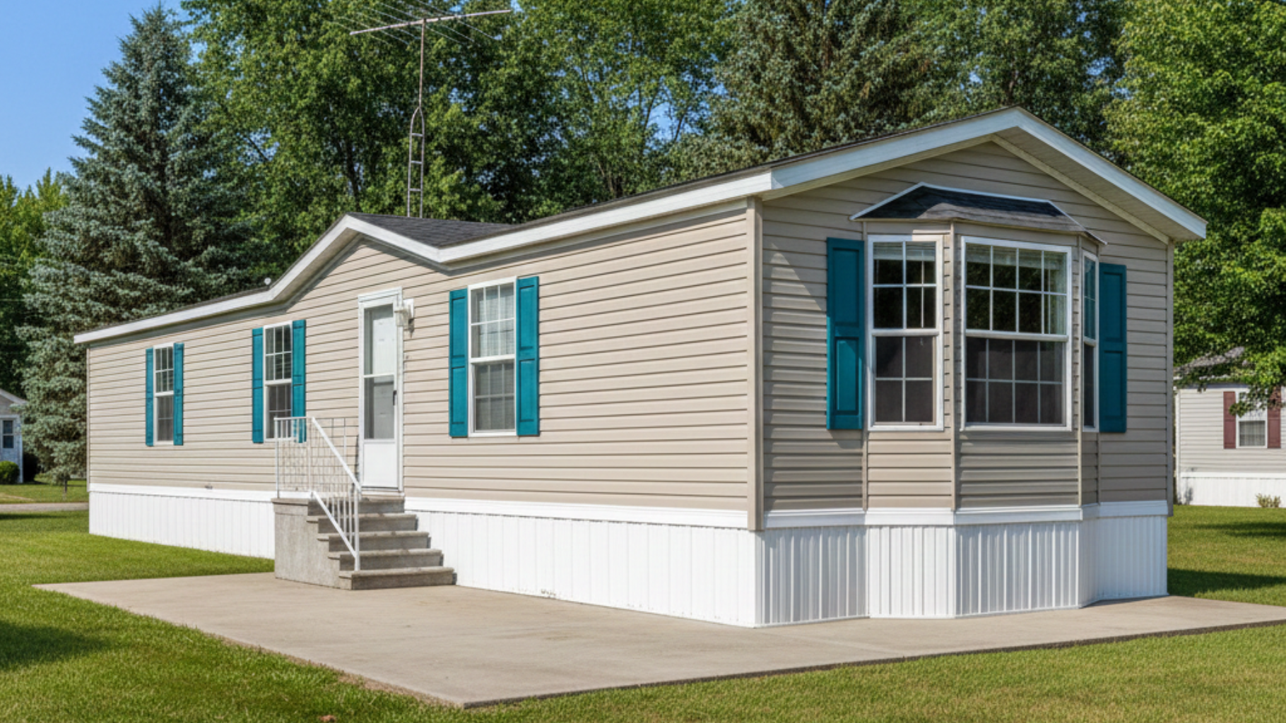 Beige and white mobile home with teal shutters and a bay window.