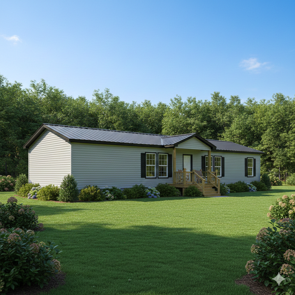 Light gray mobile home with black roof, surrounded by trees and green lawn.
