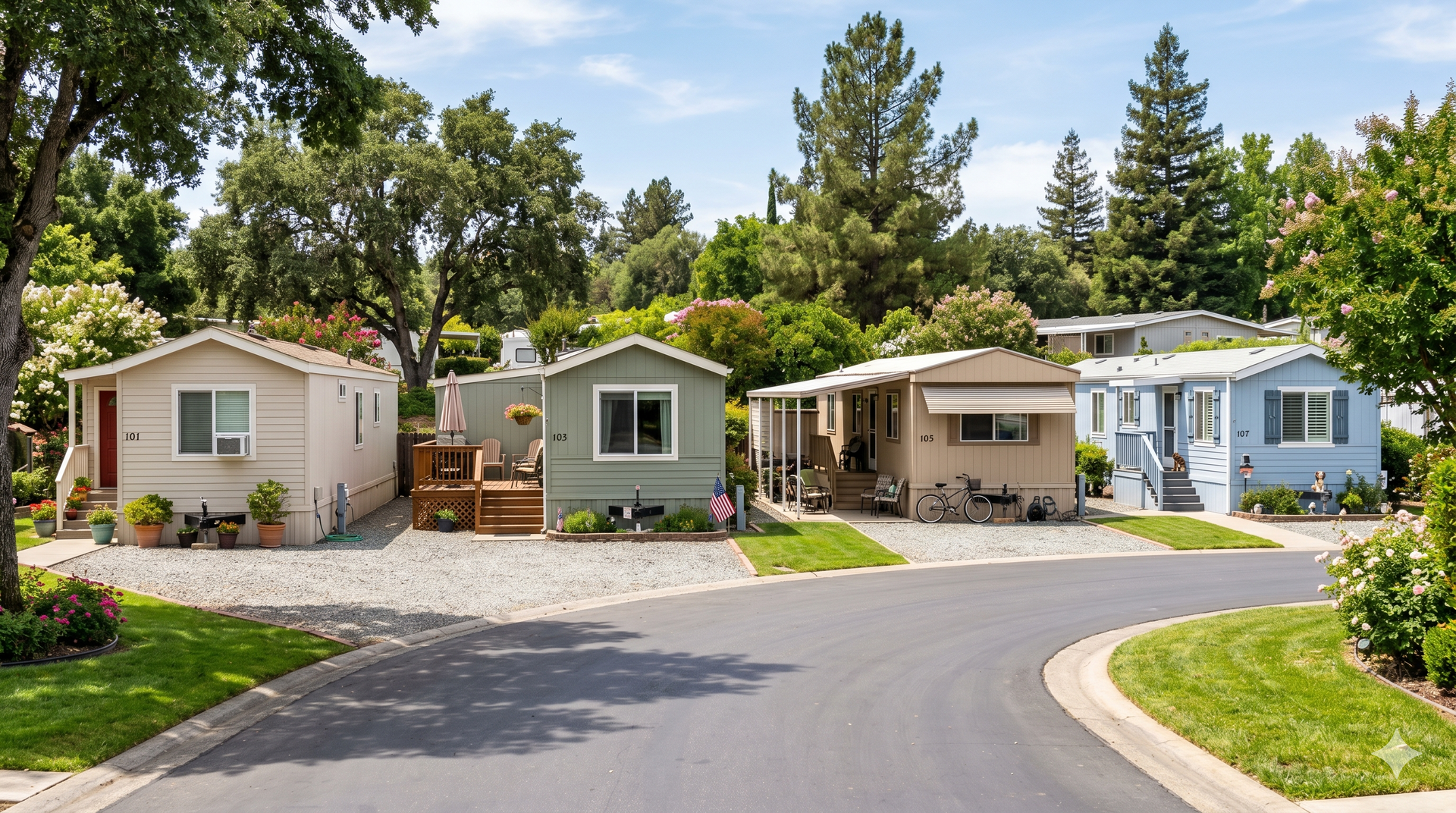 Curved street lined with small colorful homes and trees in a sunny neighborhood.