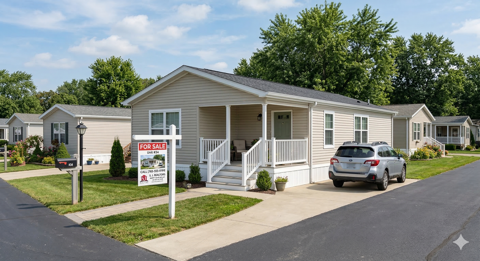 A beige manufactured home with a car parked in front, for sale sign on the lawn.