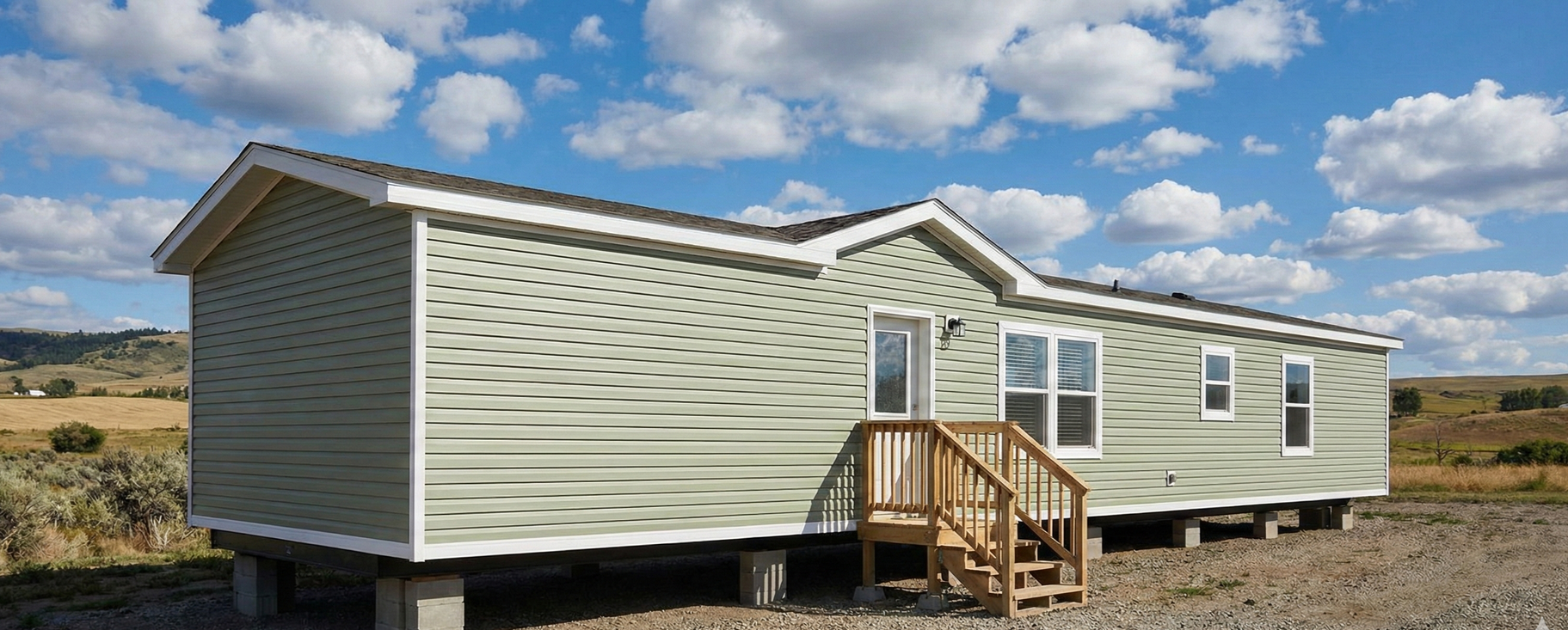 A light green manufactured home with a wooden porch sits in a field under a cloudy blue sky.