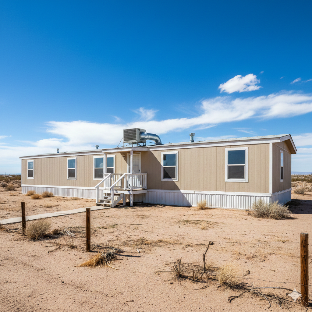Mobile home in a desert landscape under a blue sky, with a wooden porch and sparse vegetation.