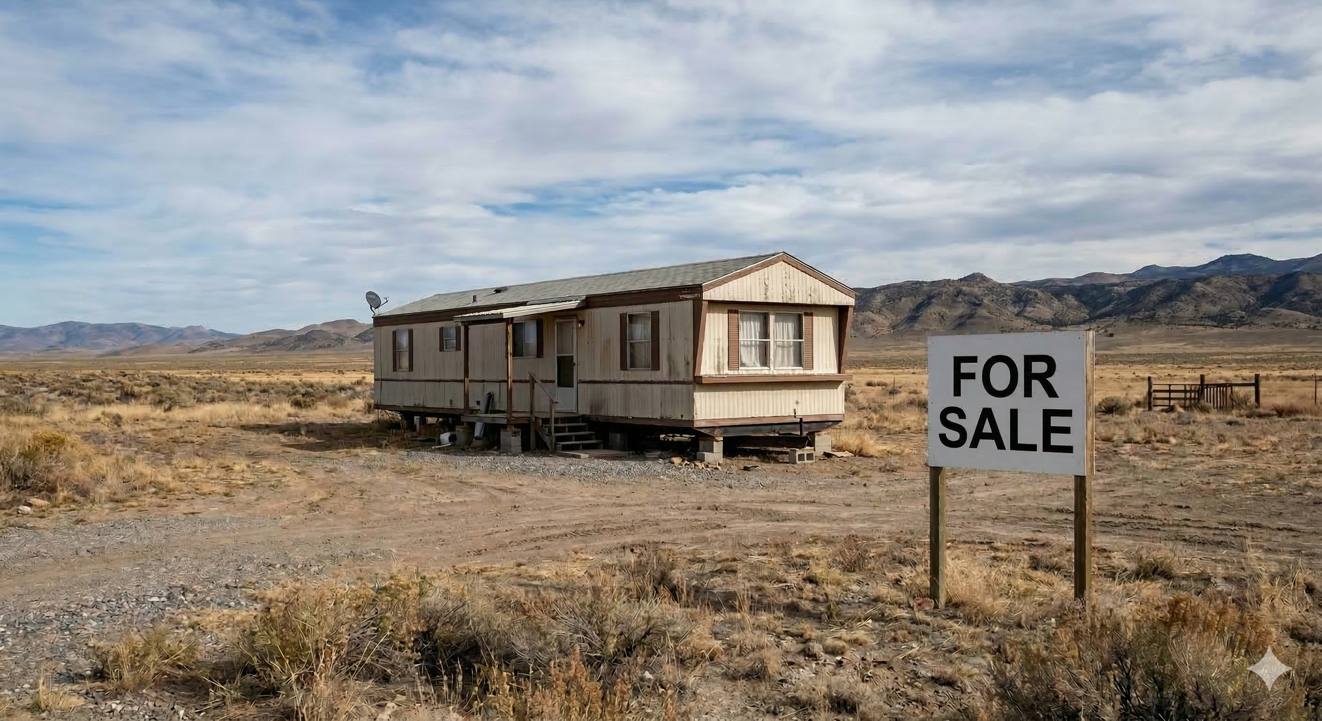 An old mobile home stands in a barren, dry desert landscape with a large white