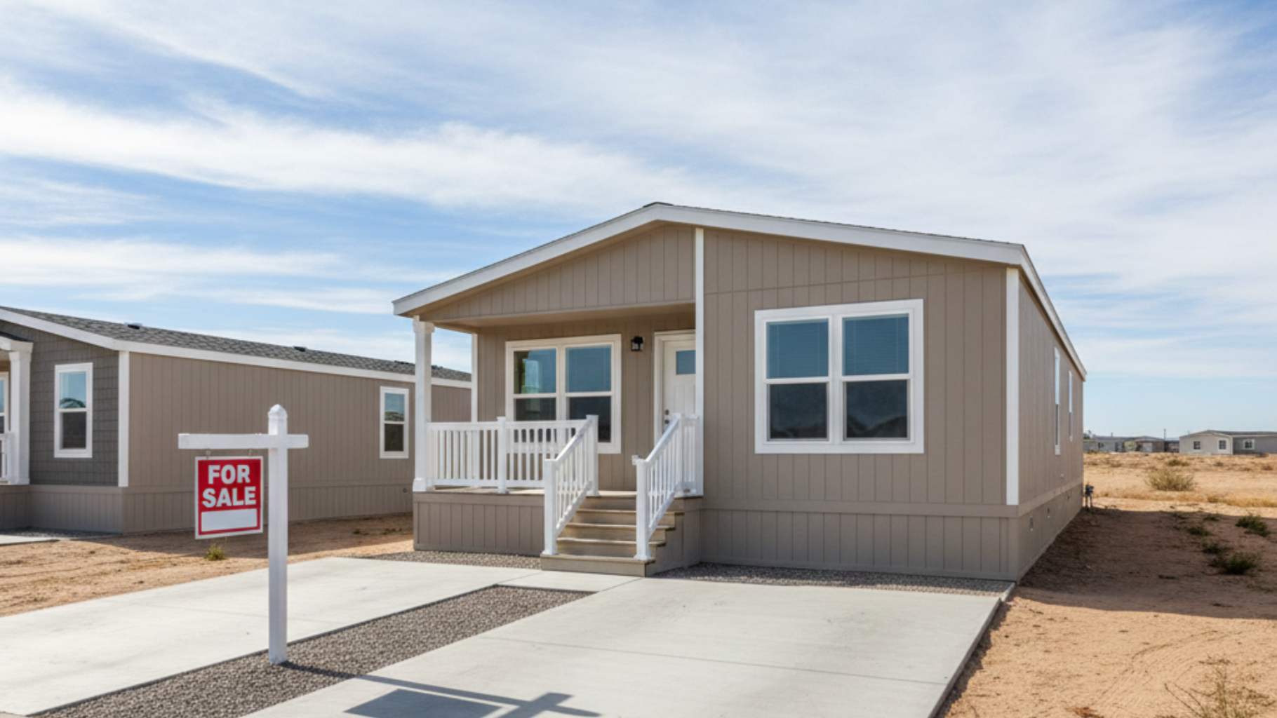 Tan-colored manufactured home with 