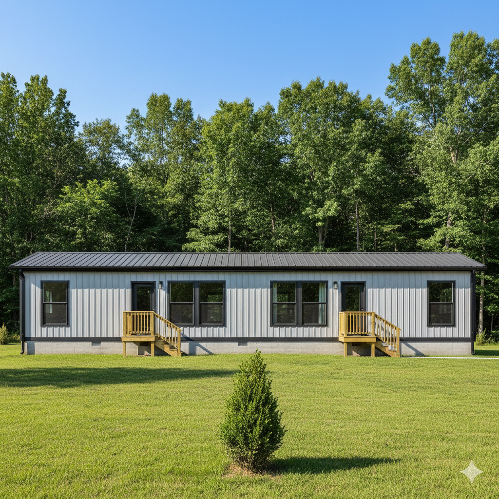 White and black modular home with steps, surrounded by green grass and trees under a blue sky.