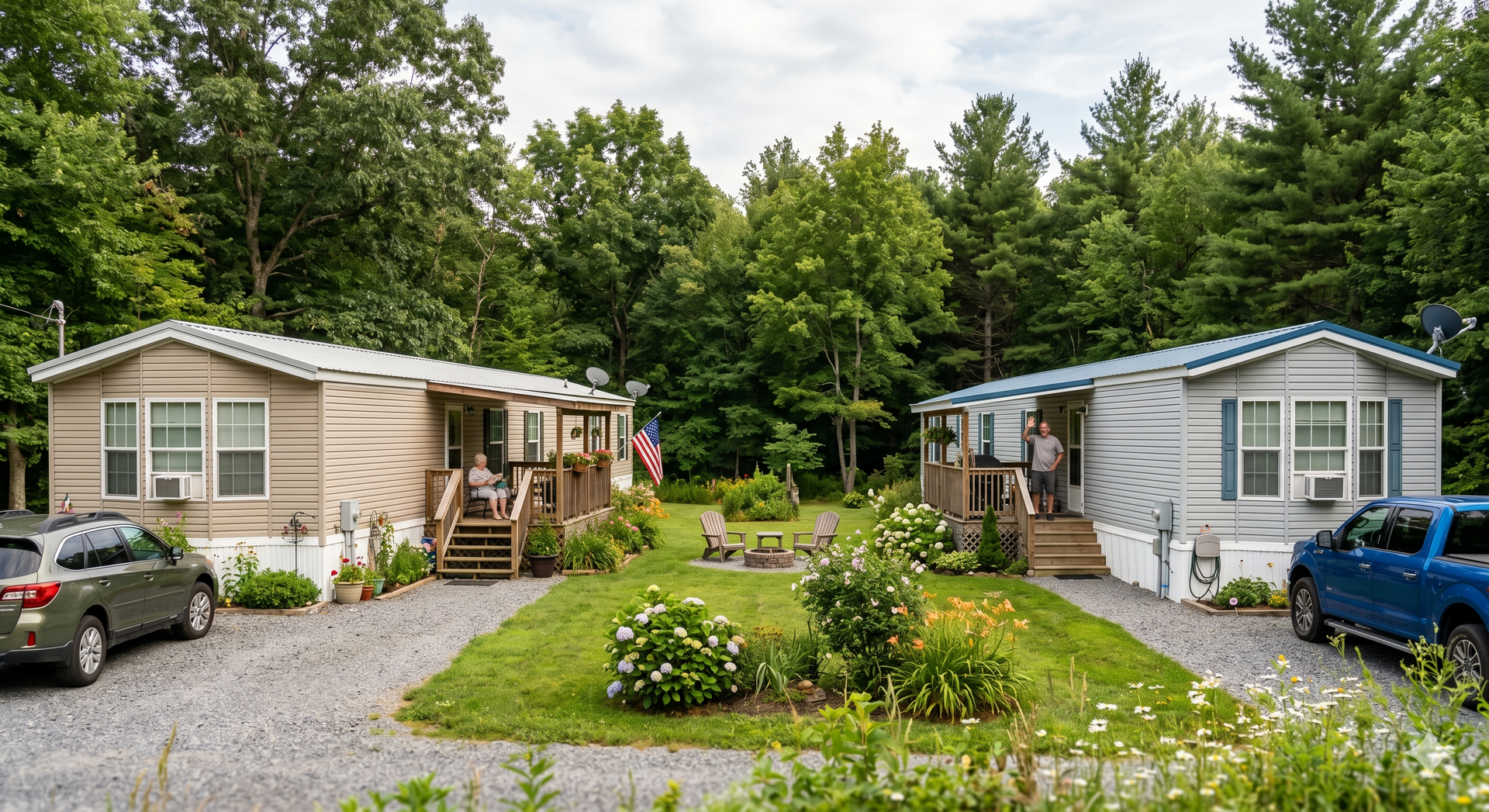 Two small mobile homes in a wooded park, with cars parked beside them and flowers in the foreground