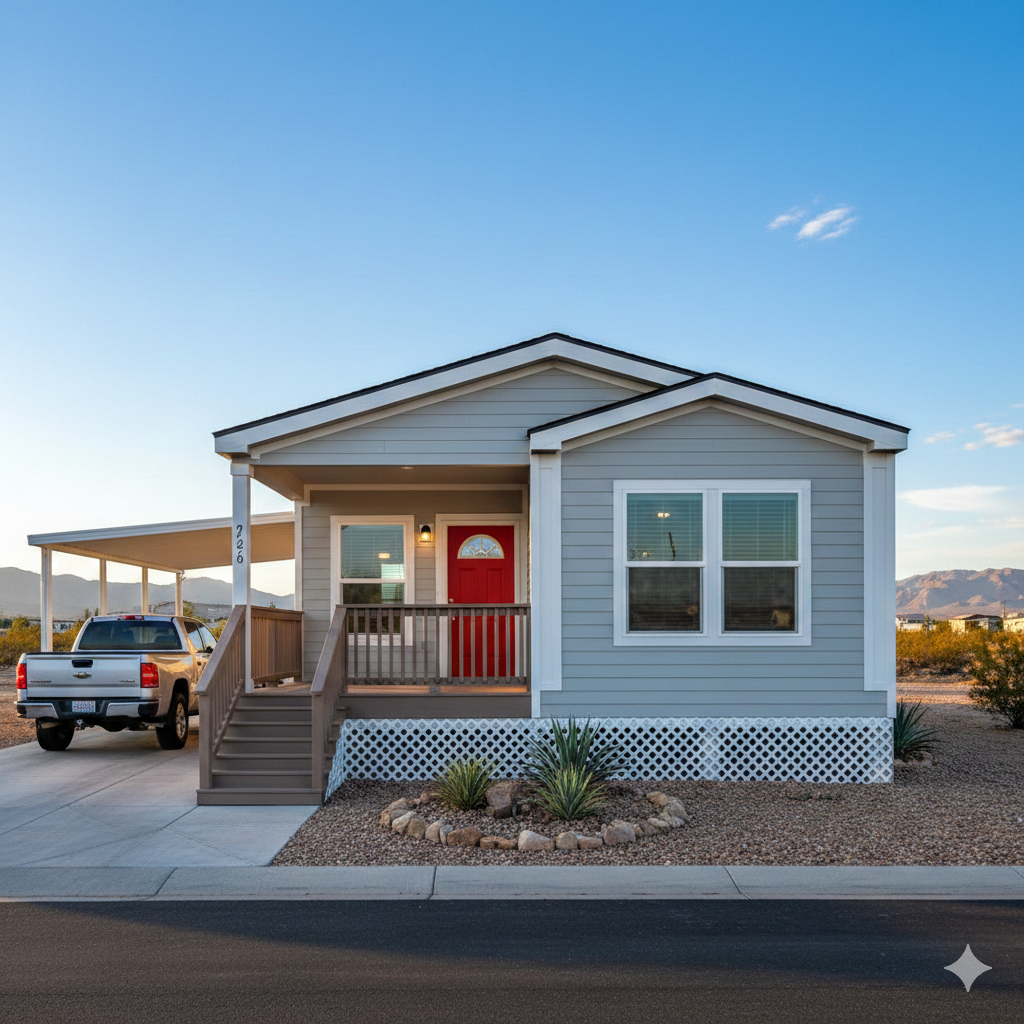 Light blue mobile home with red door, white trim, and a truck parked outside.