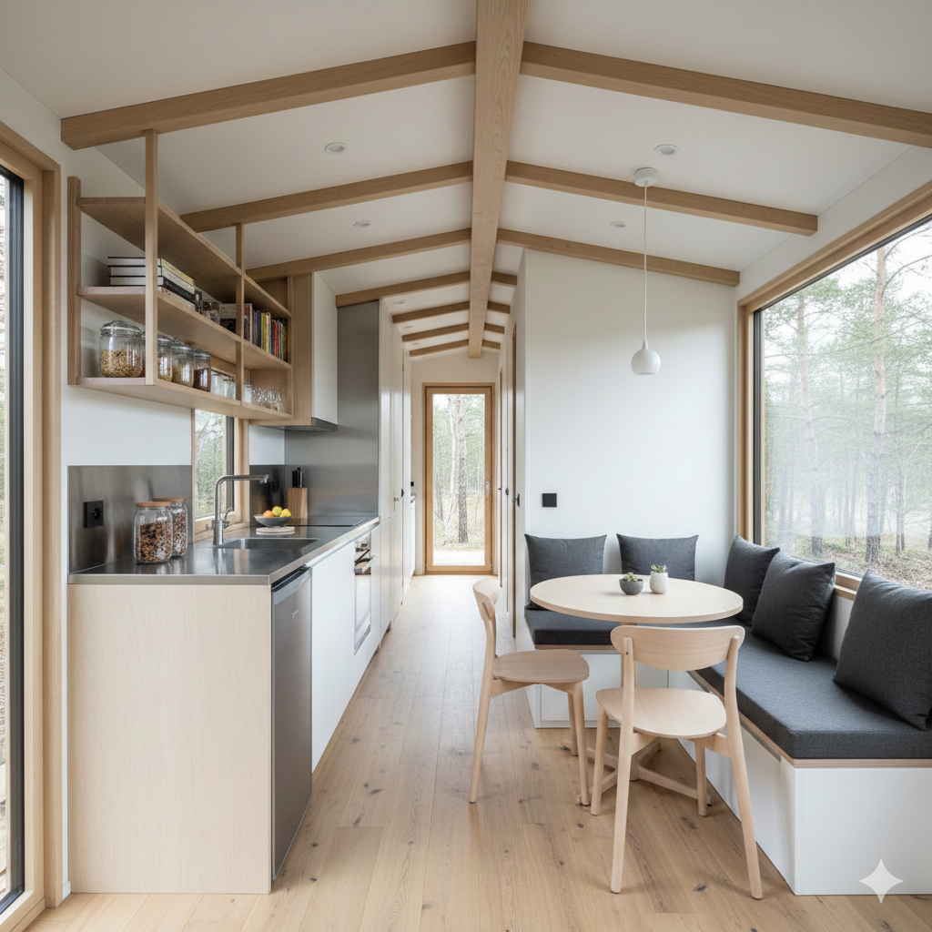 Modern cabin interior with kitchen, dining area, light wood beams, and large windows overlooking a forest.
