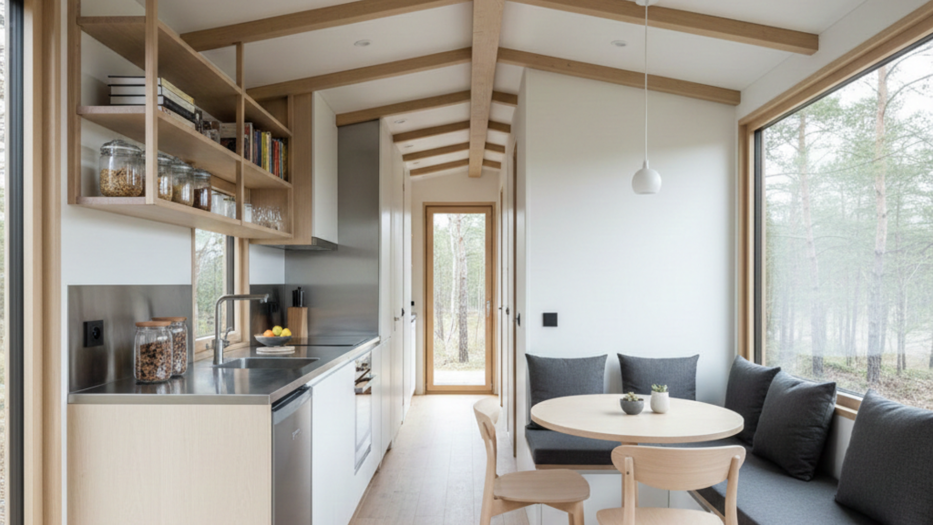 Cozy kitchen with light wood accents, stainless steel appliances, and a dining nook with forest views.