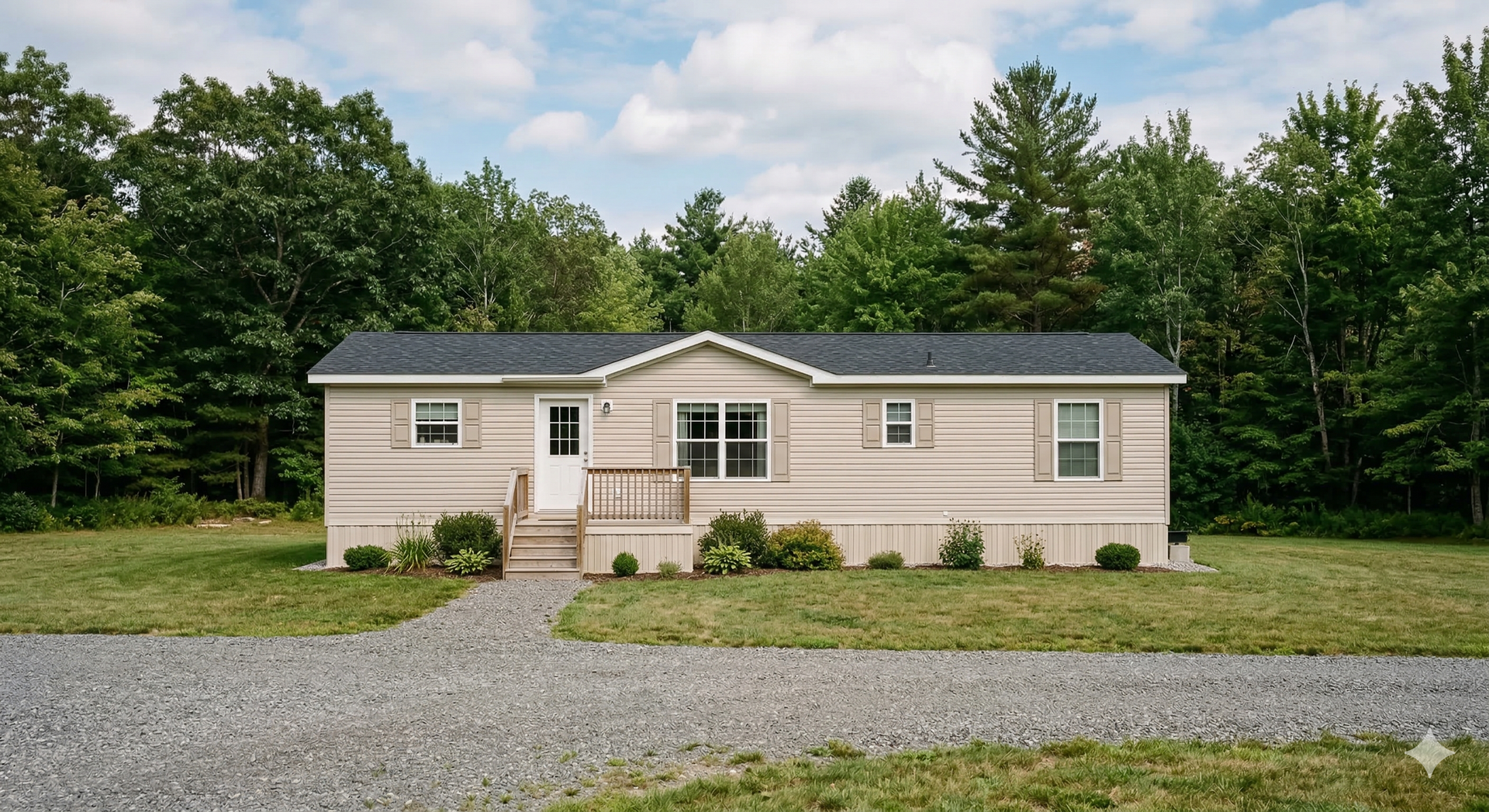 A single-story modular home with beige siding and a dark grey roof, situated on a gravel driveway in a wooded area.
