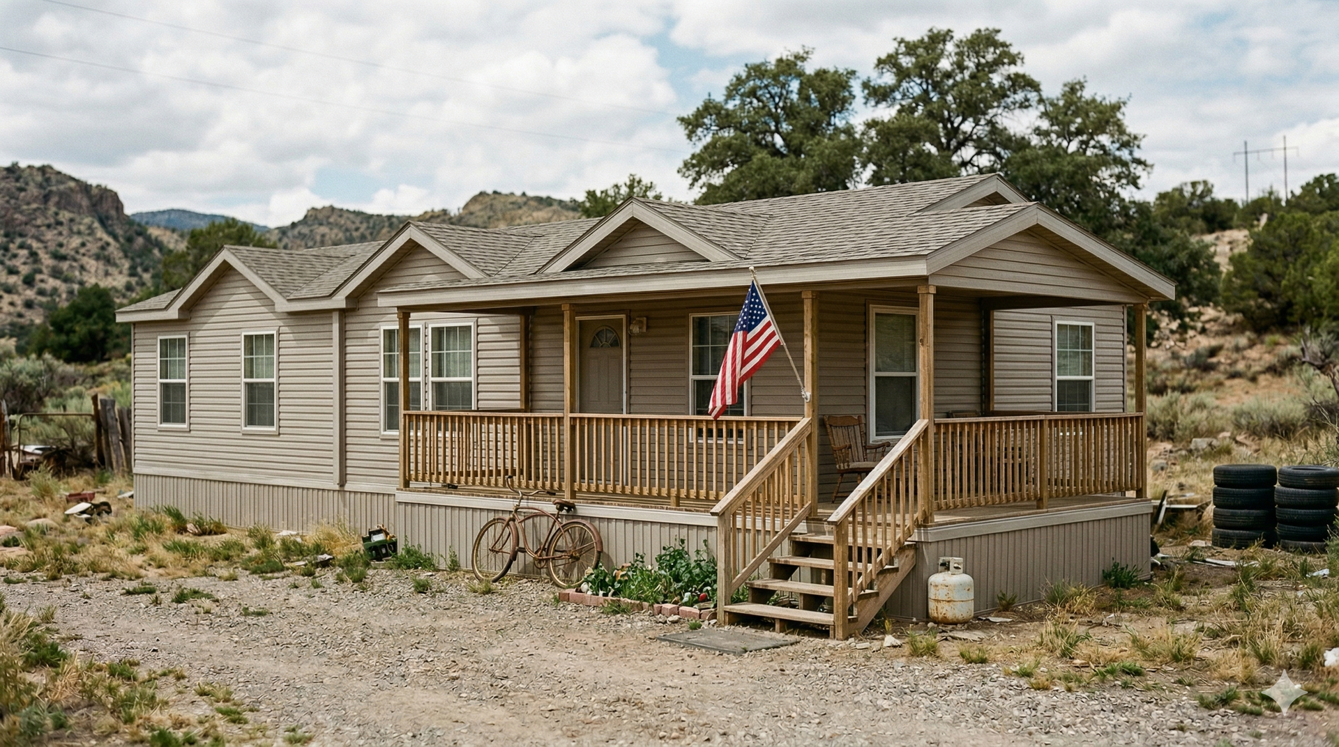 A beige, single-story manufactured home with a wooden porch, an American flag, and a gravel driveway in a desert setting.