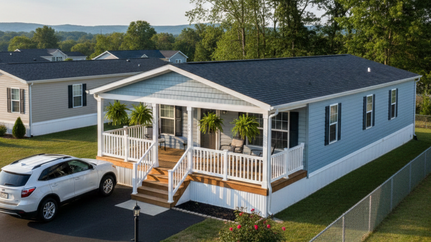 Palm trees against a blue and orange sky.
