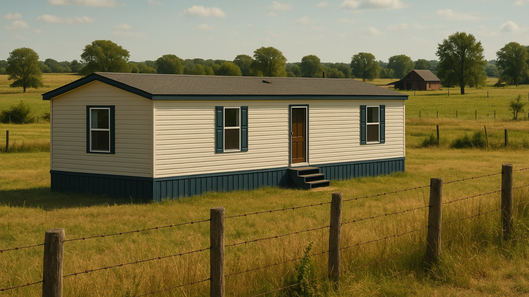 Mobile home in a field with blue trim, brown door, and trees in the background.