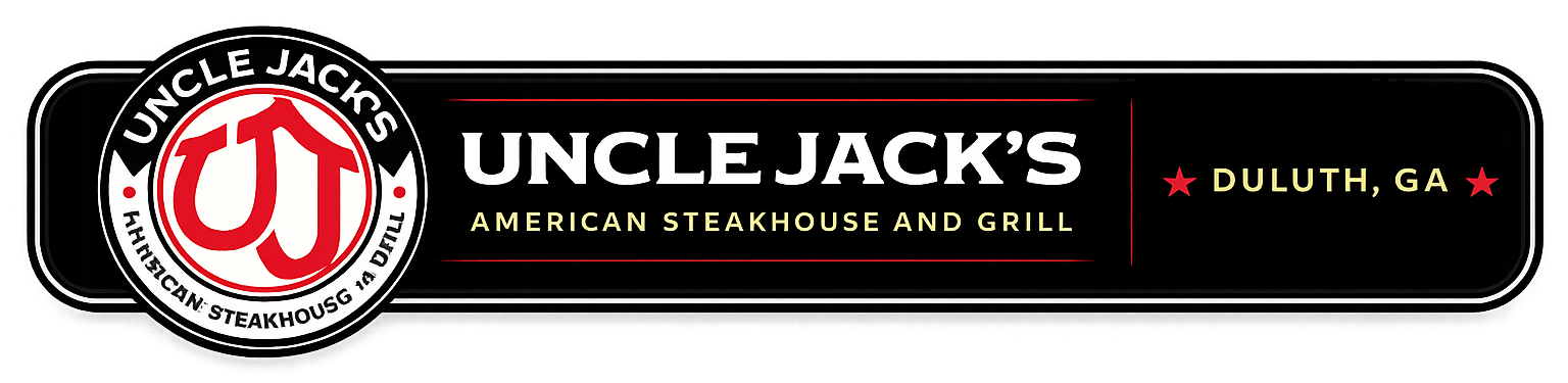 Uncle Jack’s American Steakhouse and Grill logo on a black sign, with red and white lettering and a circular “UJ” emblem
