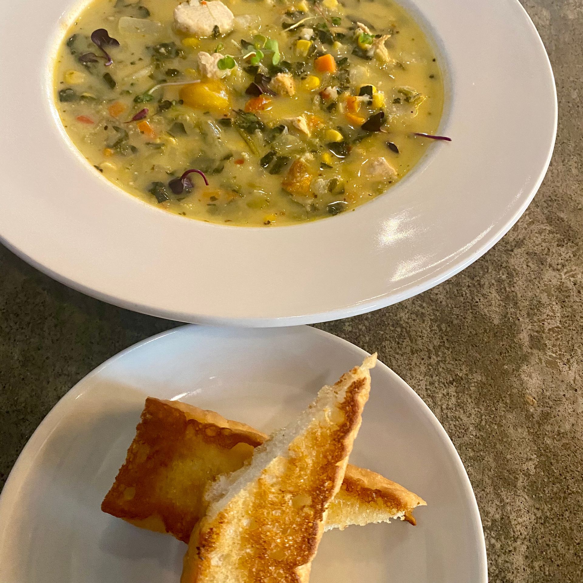 Last of Summer Salad $14
Grilled Shrimp, Arugula & Iceberg Mix, Mandarin Oranges, Strawberries, Golden Raisin's, Toasted Almonds, Feta Cheese, Chives, Dijon Vinaigrette
