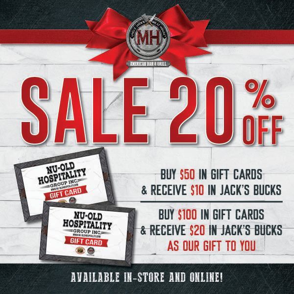 Sale: 20% off. Buy gift cards and receive Jack's Bucks. Available in-store and online.