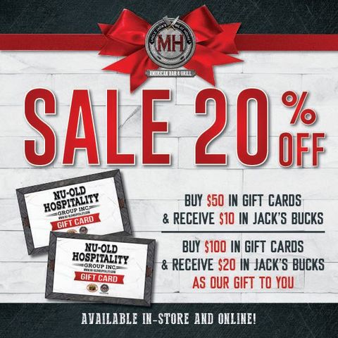 Sale: 20% off. Buy gift cards and receive Jack's Bucks. Available in-store and online.