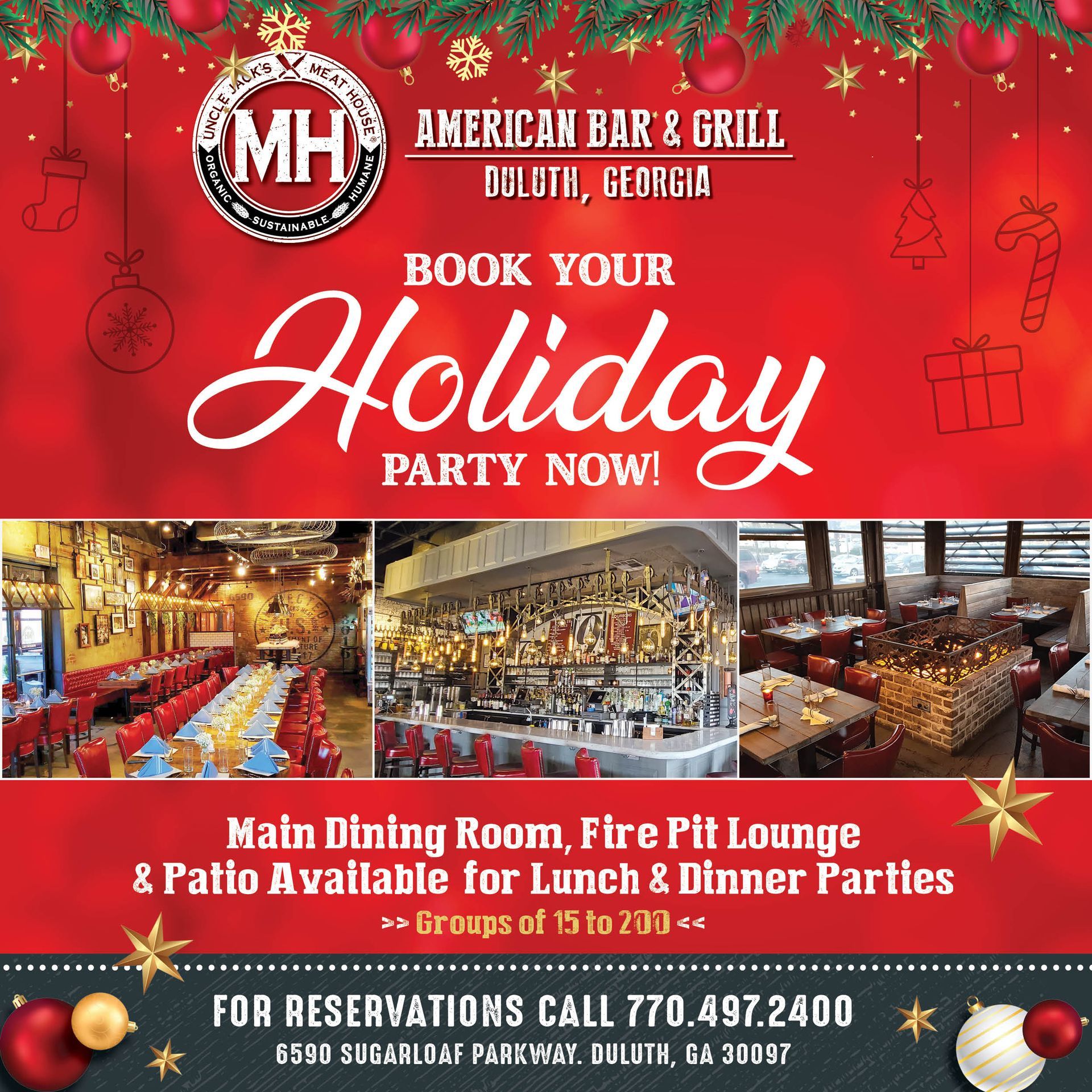 Advertisement for MH American Bar & Grill in Duluth, Georgia. Book holiday parties in the main dining room, lounge & patio. Call 770.497.2400.