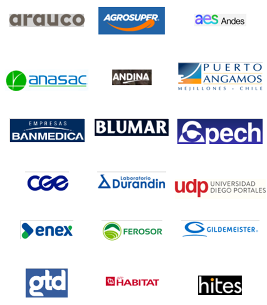 Un grupo de logotipos de clientes actuales  sobre un fondo blanco, incluido Arauco Universidad Diego Portales, CGE, Anasac, Cpech, Gildemeinster y otros.