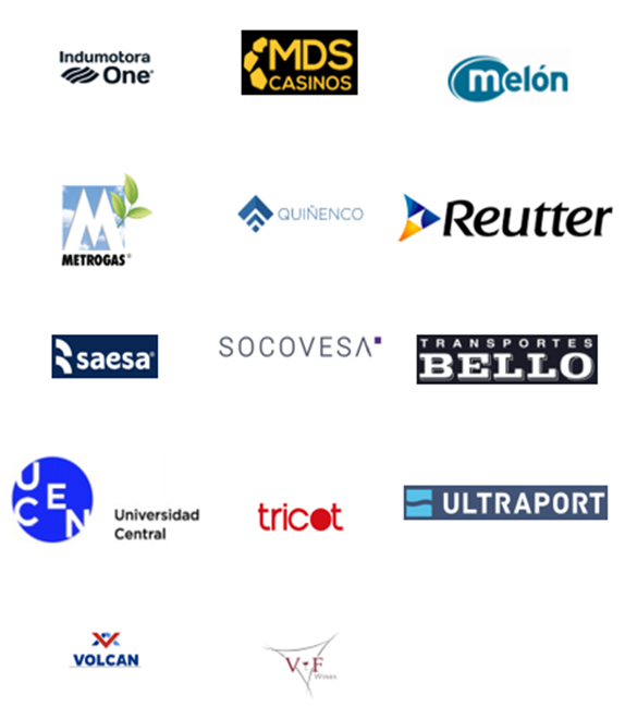 Un grupo de logotipos de clientes sobre un fondo blanco, incluido Merogás, Quiñenco, Saesa, Socovesa, Universidad Central, Tricot, Reutter y otros.