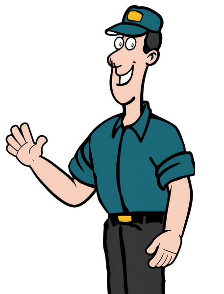 Man in teal uniform and cap waves, smiling.