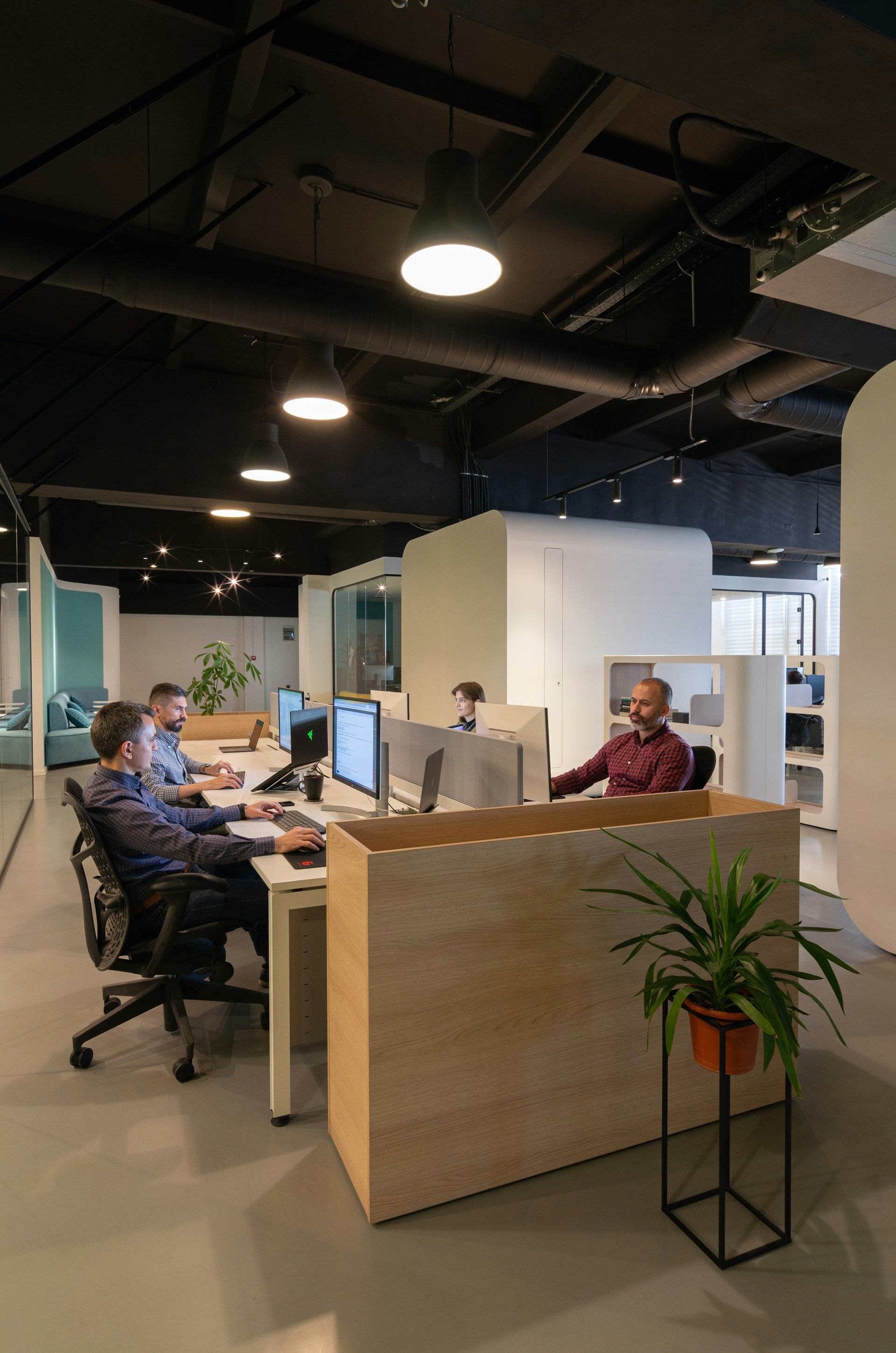 Office interior with people at desks, cubicle dividers, overhead lights, and a potted plant.