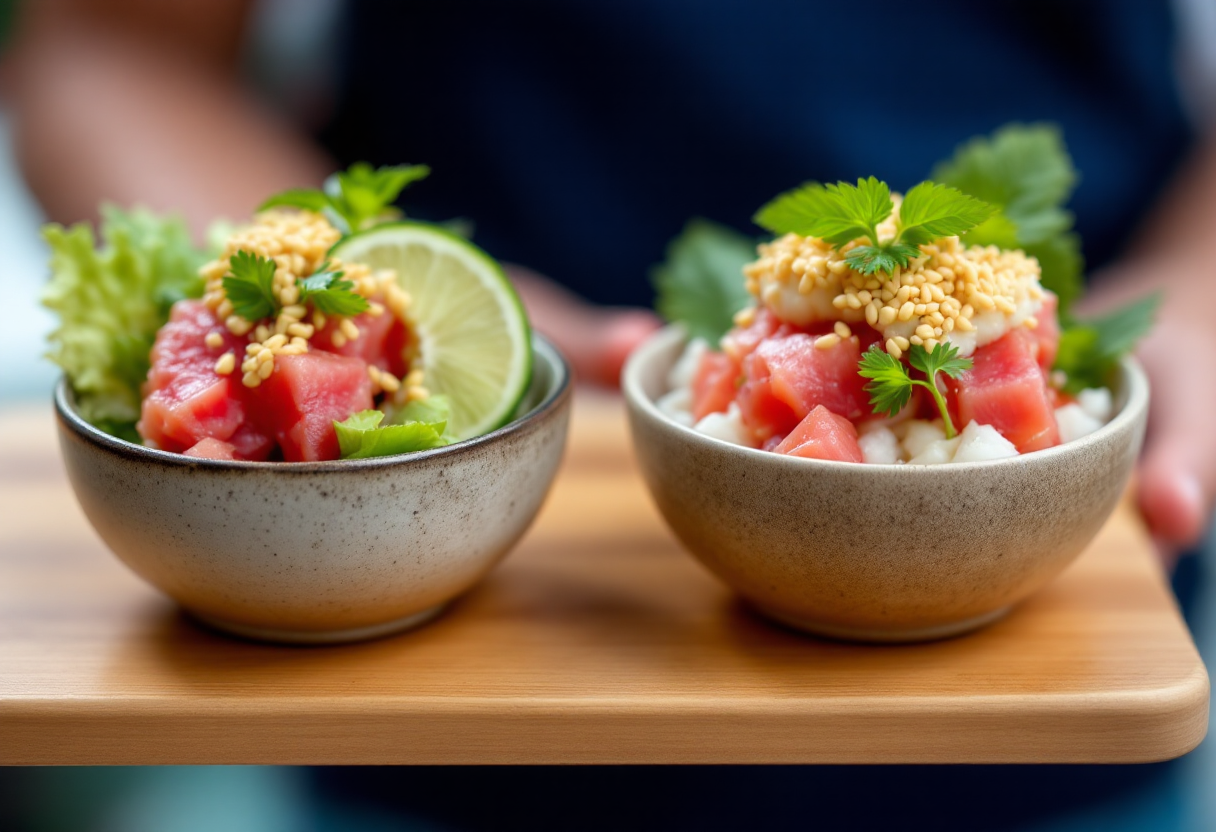 Dos tazones de poke de sandía, adornados con menta y lima, en una bandeja de madera.
