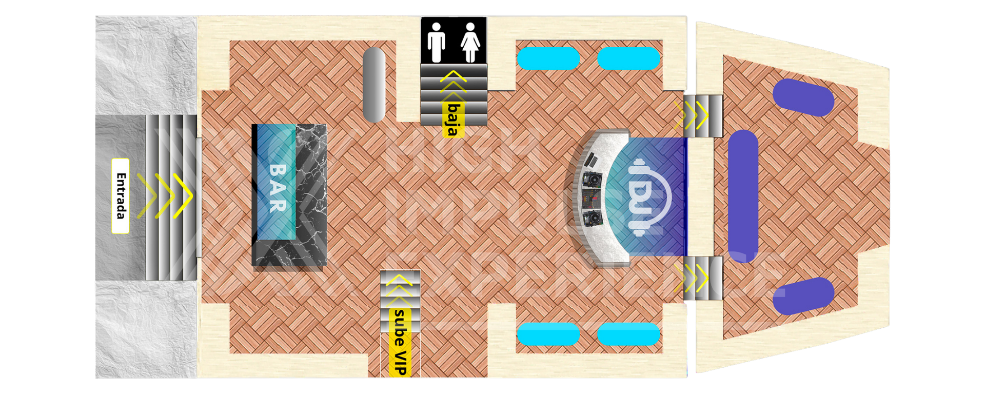 Vista de arriba hacia abajo de un lugar con bar, asientos, baños y pista de baile. .Hix stage