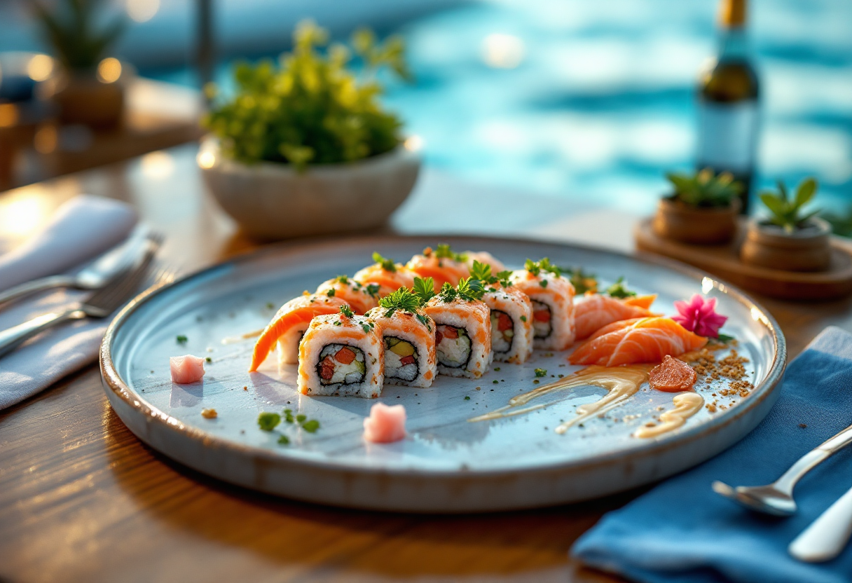 Rollos de sushi en un plato cerca de una piscina, con salmón, guarnición y una botella de vino.