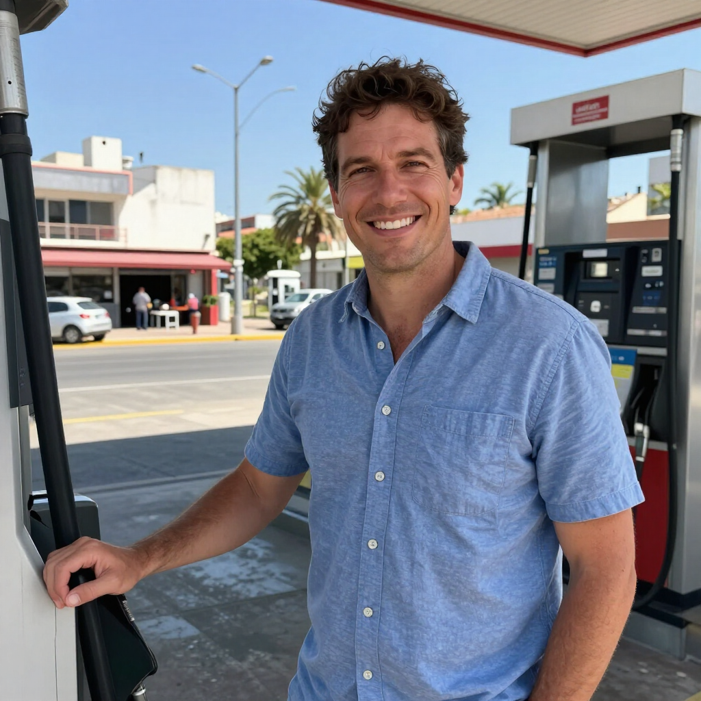 Hombre sonriente junto a un surtidor de gasolina en una estación soleada, con camisa azul.