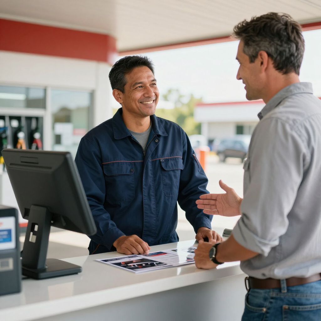 Dos personas conversando en un mostrador de atención al cliente con un monitor de computadora y folletos.