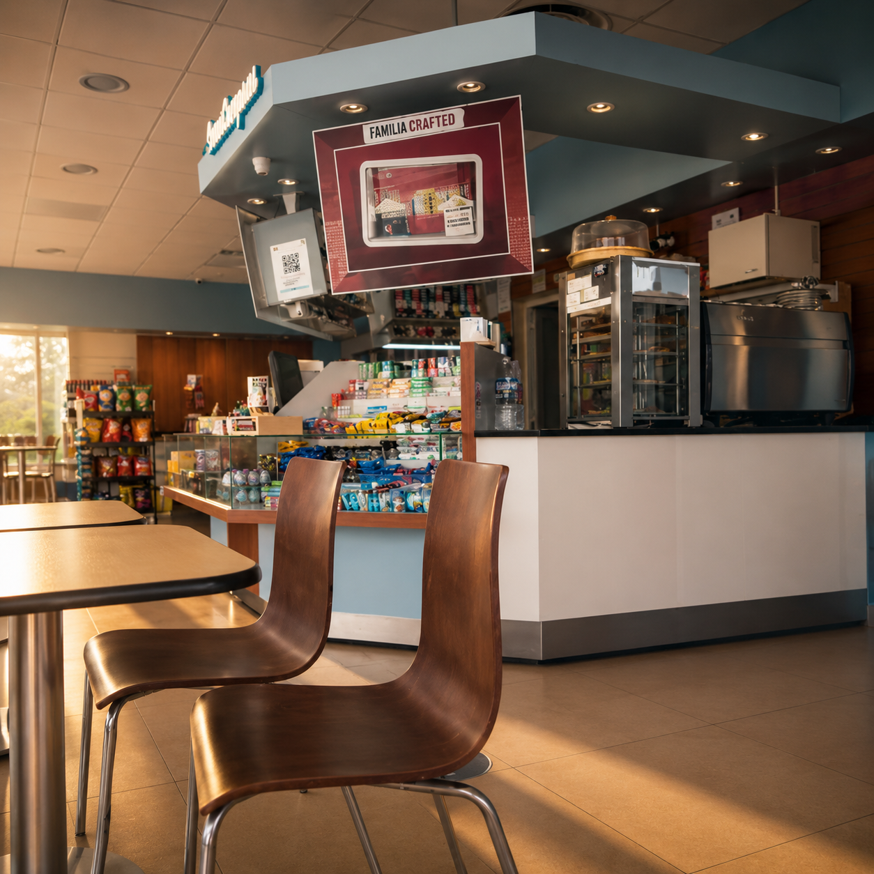 Mostrador de cafetería con aperitivos, bebidas y dos sillas marrones en primer plano.