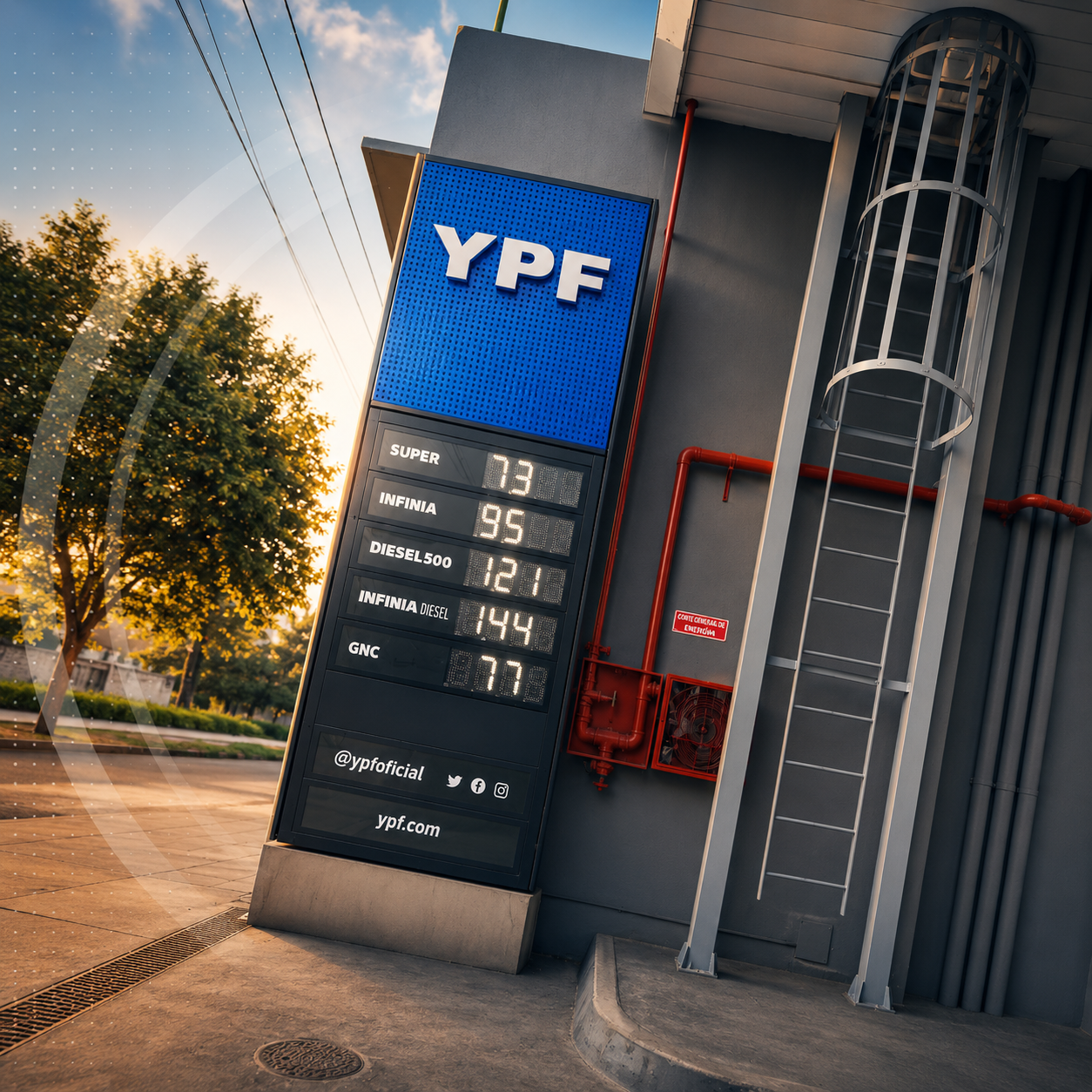 Cartel de precios de la gasolinera YPF junto a un edificio moderno al atardecer.
