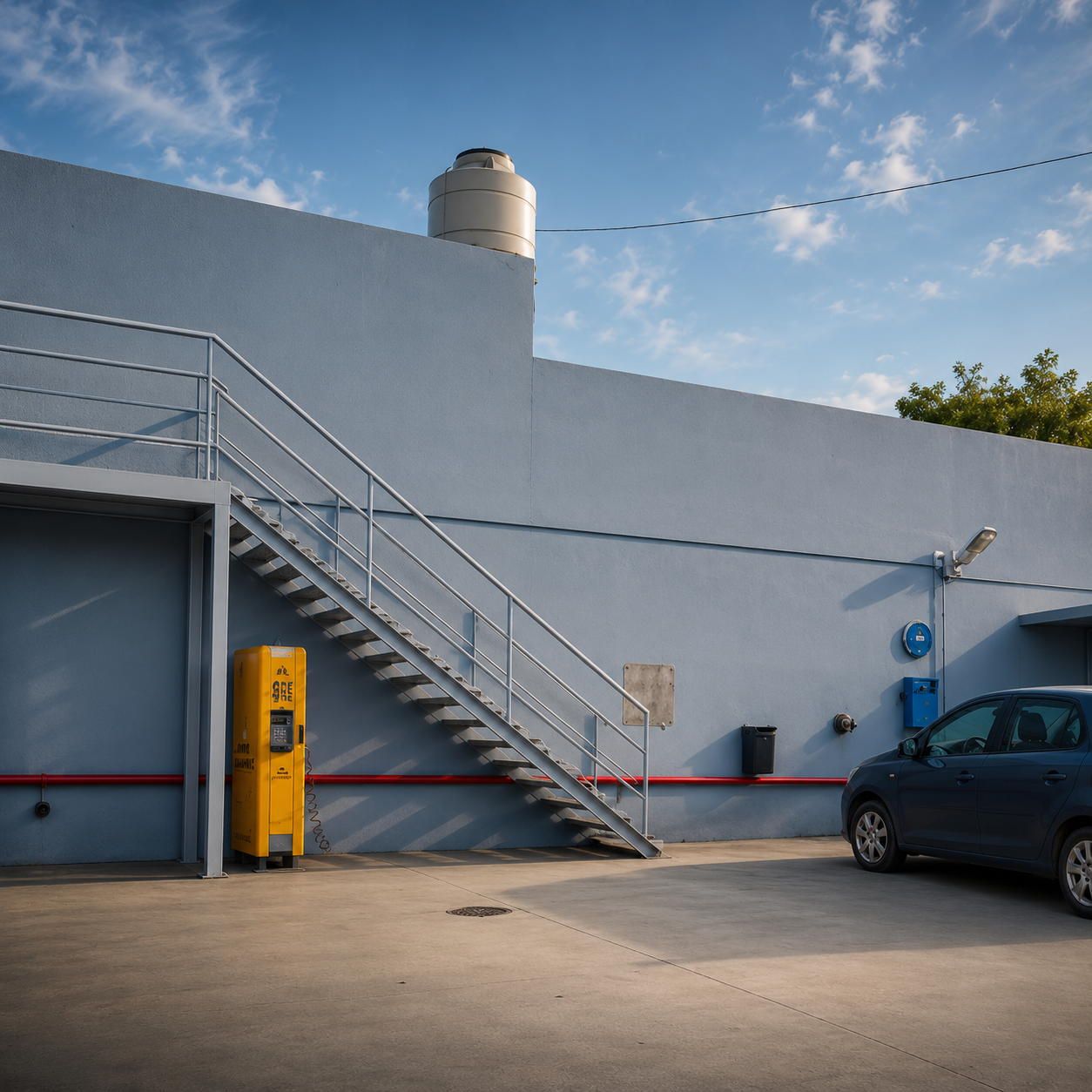Escalera exterior junto a una pared blanca con una máquina expendedora amarilla, un coche aparcado y cielo azul.