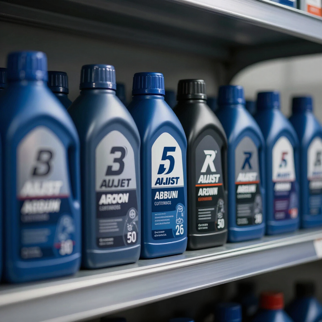 Botellas azules y grises de aceite AJUST ARROW alineadas en un estante de la tienda.