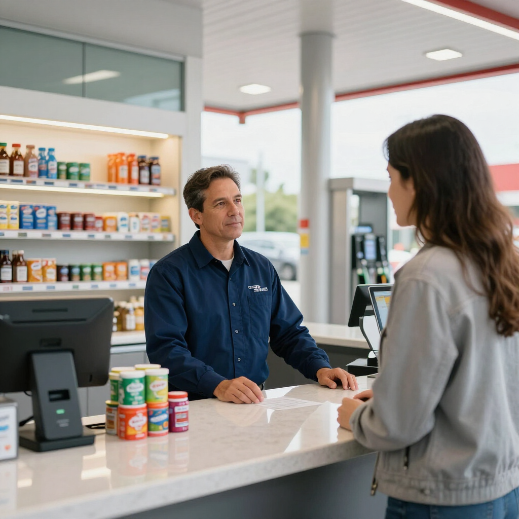 Un cliente conversa con un empleado de farmacia en el mostrador de una tienda bien iluminada.