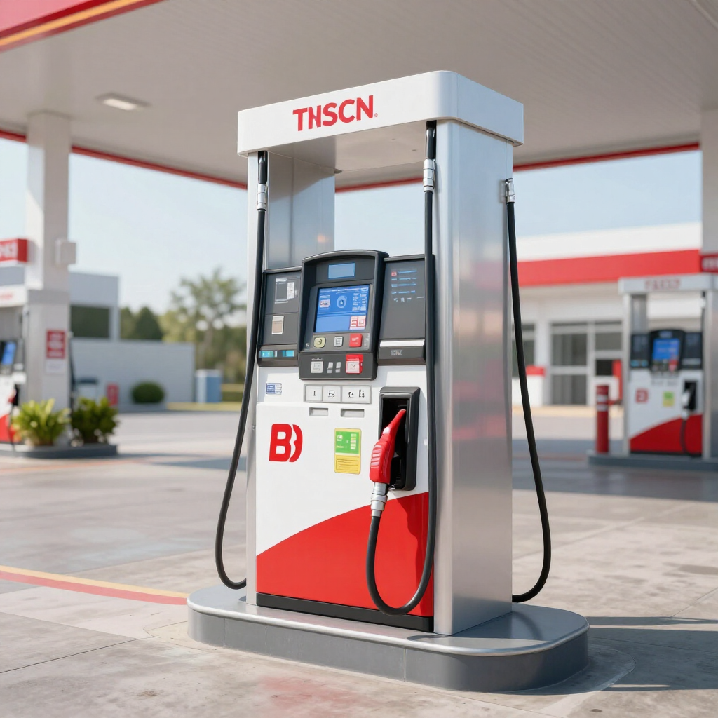 Surtidor de combustible rojo y gris en una gasolinera con pantalla digital y mangueras.