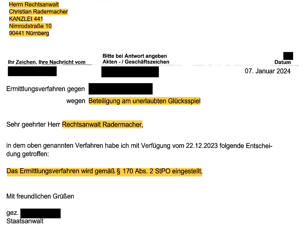 Ermittlungsverfahren wegen § 285 StGB mit Hilfe der KANZLEI 441 aus Nürnberg eingestellt