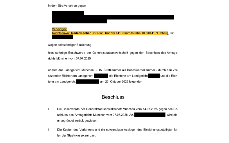 Court document with redacted details, in German. Contains a heading, text and numbered list.